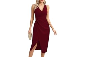 Missufe Damska sukienka koktajlowa, sukienka kopertowa, sukienka wieczorowa, elegancka, dekolt w serek, sukienka midi z rozcięciem, podkreślająca figurę, bez rękawów, na wesele, odświętna, twist