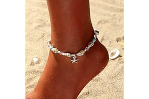 Zoestar - Tobillera azul turquesa estilo bohemio con cuentas azules y estrellas de mar y conchas plateadas, accesorio para el pie ideal para mujeres y niñas