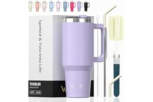 WATERSY Taza de Café con Asa 20 oz, 591 ml Vaso con Pajita, Vaso Termico para Tapa Acero Inoxidable, Termo de Agua Doble Pared, Travel Mug para Frío y Caliente (Morado)