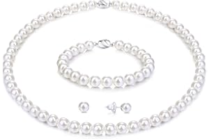 Morfetto Ensemble de Collier de Perles pour Femmes Collier de Perles en Argent Sterling Rond Blanc avec Coquille Simulée Boucles d'oreilles Collier De Perles Ras du Cou De avec Coffret Cadeau