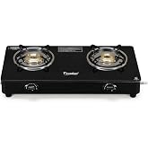 Prestige Iris Plus 2 Burner Auto Ignition Gas Stove | Toughened Glass Top | Tri-Pin Brass Burners | Ergonomic Knob | Black |