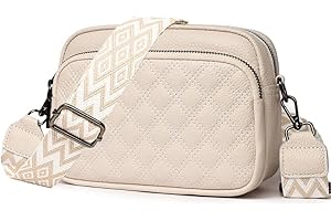 YILCER Qulited Crossbody Bag for Women, Small Genuine Leather Camera Handbag Wide Strap Ladies Cross Body Bag, Pom Pom Bags Crossover Shoulder Bags with Adjustable and Removable Guitar Strap, Beige