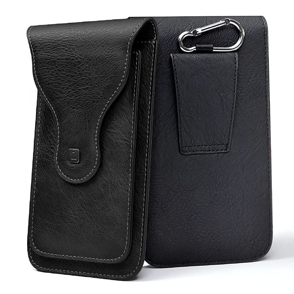 PULOKA -Multifunctional Phone Pouch - Vegan Leather - Portable Travel Holster Bag with Waist Belt - Carry Phones Upto 6", Cards, Cash - for Outdoor Sports, Hiking, Cycling, Travelling - Black