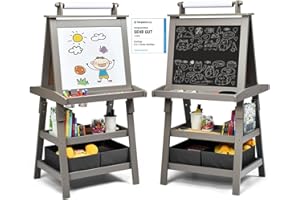 ‎COSTWAY COSTWAY 3 in 1 Kinder Staffelei, Kindertafel doppelseitig, Whiteboard & Kreidetafel & Zeichenpapier, Standtafel inkl. Magneten, 2 Regalebenen Holztafel mit 2 Aufbewahrungsboxen (Grau)