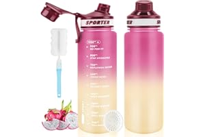 MOMSIV Butelka na napoje sportowe, 1 l, bez BPA, szczelna, z znacznikami czasu i szczotką, do fitnessu, szkoły, roweru