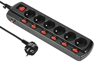 Electraline Listwa zasilająca 35434, 6 gniazd wtykowych + wyłącznik, długość 1,5 m, przekrój 3G1 mm², czarna