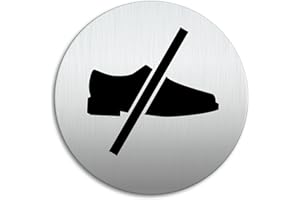 OFFORM DESIGN Cartello - Scarpe vietato | Targhette Targa Ø 100 mm Alluminio spazzolato auto-adhesiva