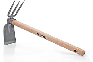 VITO - Serfouette Fourche 3 Dents et Panne Outil de Jardin Manche Bois INOX et Fer forgé à la Main Haute qualité