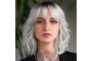 BESTUNG Short Silver Hair Wig for Women Ombre wig with Bangs Bob White Wig Synthetic Hair With Dark Roots Water Wave Natural Looking for Daily and Party （10 Inches） (light color)