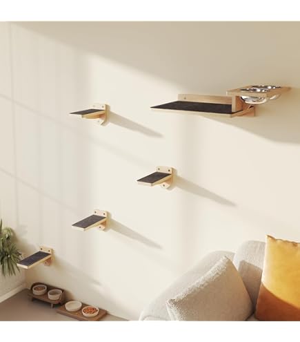 MeowHomm Kletterwand Für Katzen - 3-stufiges Wandregal Aus Massivholz, Rutschfeste Katzenmöbel