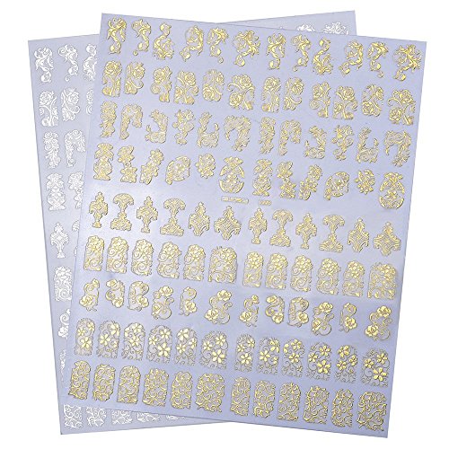 eBoot Nagel Kunst Sticker 3D Nail Art, 2 Blatt, Goldene und Silber