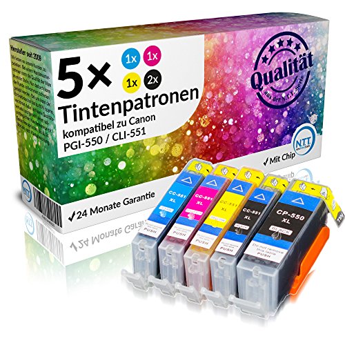 N.T.T.® - 5 x Stück XL Tintenpatronen / Druckerpatronen kompatibel zu PGI-550PGBK , CLI-551BK, CLI-551C, CLI-551M, CLI-551Y - Pixma IP 7250 IP 8750 IX 6850 MG 5450 MG 5550 MG 6350 MG 6450 MG 7150 MX 725 MX 925