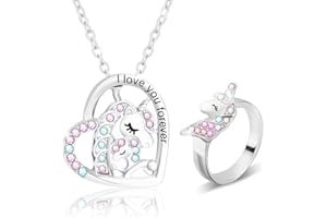 PWSAP 2PCS, Unicorn Necklace Unicorn Ring for Women Girls, CZ Stone Heart Pendant Necklace, Lucky Unicorn Jewelry Gift for Mothers Daughter Sister Granddaughter Teenage Girls, fit Christmas Birthday Party