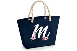 Colorfamily Borsa Mare Donna Grande Borsa da Spiaggia con Iniziale Floreale - Lettera M - 100% Cotone Canvas
