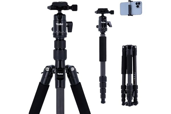 Rollei Compact Traveler No.1 Carbone Noir, 145cm Trepied Appareil Photo Voyage avec Rotule Ball & Téléphone Support Trépied Ultra Léger pour Sony Canon Nikon DSLR, Trepied-Appareil-Photo-Tripod-Voyage
