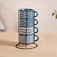 Nestasia Stackable Ceramic Cups Set of 4 (100 ml) | Microwave & Dishwasher Safe Tea & Coffee Mugs with Glossy Finish | Ideal for Gifting (Printed Blue with Stand)