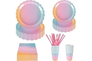 PHUNAT Rainbow Party Tableware Set, 125PCS Disposable Party Dinnerware Supplies, Paper Plates Napkins Cups Set for 25 Guests, Unicorn Party Supplies for Table Decorations