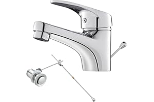 KEOKBON Wasserhahn Bad, Waschtischarmatur Einhebelmischer, Mischbatterie mit Zugstange Keine Schmutzigen Hände Niedriger Auslauf Badarmatur für Badezimmer, Armatur Waschbecken mit Ablaufgarnitur Chrom