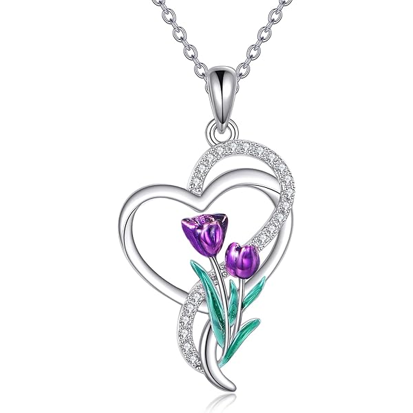 Collar De Tulipanes Morados CRMAD Plata De Ley Con Piedra Lunar/Cristal/Cruz Flores Tulipanes Joyería Regalos Para El Día De La Madre, Plata Esterlina, No Es Una Piedra Preciosa