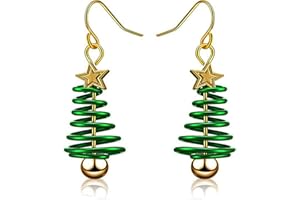 MADAOGO Christmas Tree Earrings for Women, Festive Drop Earrings, Xmas Jewellery Presents for Girls, Spiral Earrings, Green & Gold