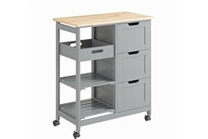 ‎SOBUY SoBuy FKW79-HG Wózek Kuchenny Wyspa Kuchenna na Kółkach Szafka Kuchenna Kredens Półka Kuchenna Loftowy 3 Szuflady, Szary