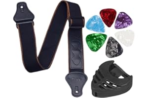 KXUSW Correa Guitarra eléctrica, Correa bajo electrico, Correa Ukelele,Correa para Guitarra, eléctrica y acústica, Correa para Guitarra de Cuero, con 6 púas, Color Negro