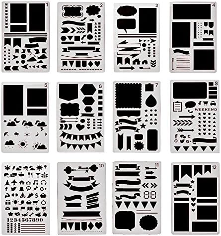 12 Pack Bullet Journal Stencil Set Different Patterns Plastic Planner DIY Drawing Template 4 x 7 Inch Painting Stencil for Journaling Scrapbooking Card and Art Projects