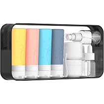 Set di 4 bottiglie da viaggio con etichette, set di contenitori in