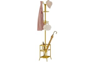 FAVOOSTY Garderobenständer mit Schirmständer, Kleiderständer mit 12 Hooks, Jackenständer Stehend, Coat Rack, Garderobe ständer für Wohnzimmer, Schlafzimmer Weiß (Gold)