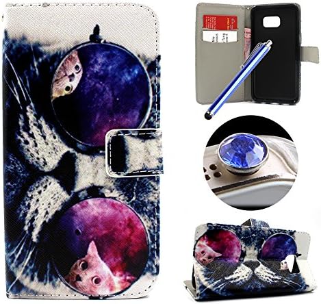 Etche Stand Flip Case for Samsung Galaxy S6 Edge Plus,Leather Wallet Case for Samsung Galaxy S6 Edge Plus,Creative Cat Premium Pu Leather Magnetic Wallet Case with Card Holder for Samsung Galaxy S6 Edge Plus with Blue Stylus Pen and Bling Glitter Diamond Dust Plug Colors Random-Cat