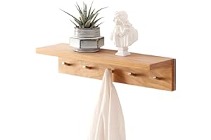 OAKERLAND Holz Wandregal mit Haken, 50cm Wand Garderobenleiste mit Ablage Eiche Schweberegal, Wandgarderobe Brett für Jacken, Garderobenhaken für Mäntel, Schals