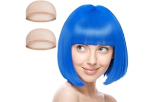 Aomig Zestaw krótkich jasnoniebieskich peruk bob z 2 czepkami do peruki, neonowe, fantazyjne akcesoria do kostiumu, peruka na imprezę, syntetyczne proste peruki na co dzień Halloween