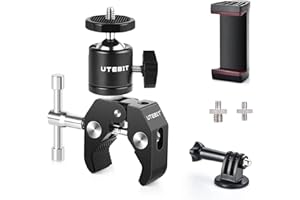 UTEBIT Camera Mount, Magic Arm With Ball Head Hot Shoe Mount, Camera Clamp,with Action Adapter/Phone Clip Holder, Quick Release Compatible With GoPro, Microphone, LED Light