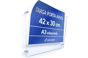 adv-smart Targa in Plexiglass Trasparente Porta Avvisi formato A3 orizzontale 42x30 cm, Messaggio, Info, Cartella da parete in Plexiglas con distanziali in acciaio