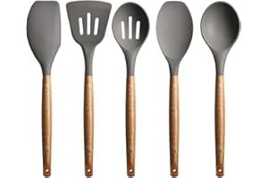 Miusco Utensili da Cucina in Silicone Antiaderenti, 5 Pezzi, Set di Utensili da Cucina con Manico in Legno Duro di Acacia Naturale, Cucchiaio da Cucina, Grigio, Senza BPA, per Cottura e Portata