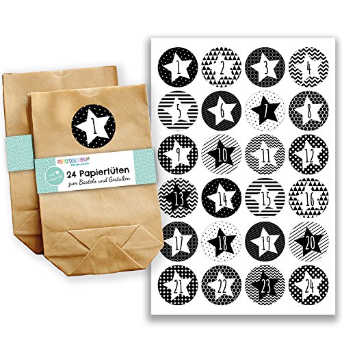 DIY Adventskalender Set - 24 braune Geschenktüten und 24 schwarz-weiße Zahlenaufkleber - zum selber machen und befüllen - Mini Set 30 von Papierdrachen