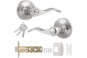 Probrico Satin Nickel Door Handle Lock, Exterior Door Handle with Keyed Entry, Wave Style