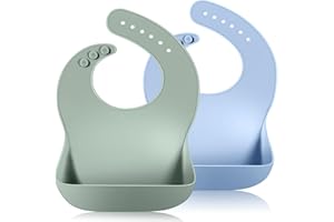 Vicloon Silicone Baby Bib, 2PCS Baby Weaning Bibs, Waterproof Baby Feeding Bibs Adjustable with Wide Food Catcher Pocket Unisex Toddler Bibs (Blue-Green)