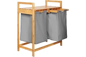 Lumaland Wäschekorb Bambus mit 2 ausziehbaren Wäschesäcken | Pflegeleichtes Material, unempfindlich gegen Nässe und leicht abwischbar | Höhe ca. 73cm x 64cm Breite x 33cm Tiefe [Dunkelgrau]