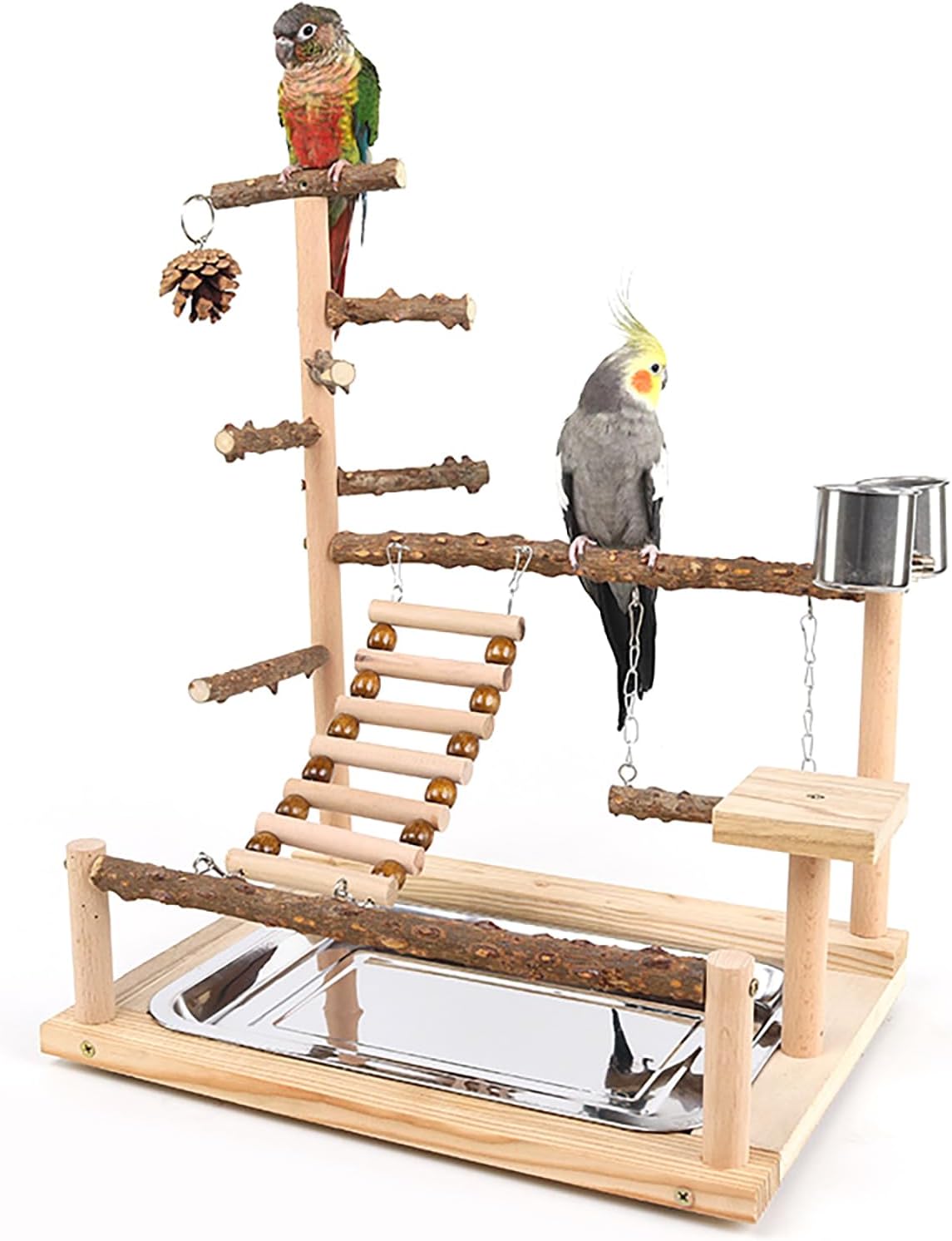 RoseFlower Wooden Bird Stand Parrot Playstand, Budgie Play Stand Birdcage Playground Play Gym Parakeet Toy Ladder with Feeder Cup and Tray, Budgie t Toys Swing Exercise - Size 17.7x14.6x10.2 In