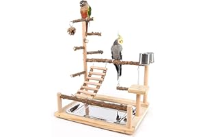 RoseFlower Supporto per Uccelli in Legno, Parco Giochi/Palestra/Set di Giocattoli, Trespolo per Pappagalli, Supporto per Pappagallo Portatile da Tavolo, con Posatoi, Scale, Altalena, Vassoio #2