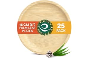 ECO SOUL 100% Compostable 15cm(6") Round Palm Leaf Plates (Pack of 25), Premium Tableware, 10x Times Sturdy Than Paper Plate, Disposable & Organic, Bamboo-Like Plates, Alternative to Plastic Plate