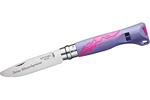 SCHMALZ Opinel Outdoor Junior Couteau pour enfant avec manche en plastique | Gravure personnelle | Pointe arrondie à l'avant | Inoxydable | Sifflet de signalisation | Virobloc | Cadeau (violet)