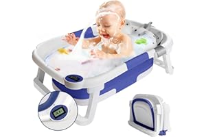 ADOV Baignoire Bébé, Baignoire Bebe Pliable avec Thermomètre pour Détection de Température, Baignoire pour Petits avec Coussin, Bouchon de Vidange, Jouet de Bain, Support de Jambe Antidérapant- Bleu