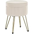 SONGMICS Storage Ottoman, Velvet Dressing Table Stool, 39 x 44.4 cm (Dia. x H), Round Storage Stool Seat, 4 Metal Legs, for Dressing Room, Living Room, Bedroom, Cream White LOM003W51