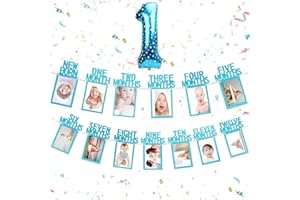 VOLSHA 1st Birthday Baby Photo Banner for Newborn to 12 months, Monthly Milestone Photograph Bunting Garland, First Birthday Celebration Decoration with A NO. 1 Blue Balloon