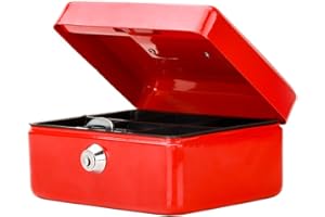 Small Cash Box with Key Lock, Parrency Portable Metal Money Box with Double Layer & 2 Keys for Security, 6 1/5" x 5" x 3", Red