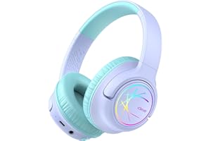 iClever Słuchawki Bluetooth dla dzieci z diodami LED, ograniczenie głośności 74/85 dBA, 43 godziny odtwarzania, dźwięk stereo, typ C, kabel AUX, Bluetooth 5.3 słuchawki dziecięce do tabletu/podróży