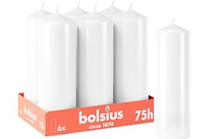 Bolsius Candele a pilastro lisce - Colore bianco - 6 pezzi - 20 x 7 cm - Durata 75 ore - Non profumate - Contiene cera vegetale naturale - Senza olio di palma