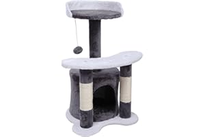 Wiltec Arbre à Chat - 67 cm de Haut - Design ludique Balle de Jeu - Meuble grattage félin Peluche - Couleur Gris-Blanc - Grattoir griffoir avec Maisonnette, sisal, Niche et Plate-Forme